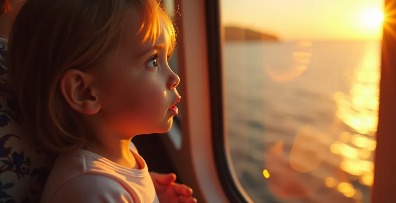 Famille admirant le coucher de soleil depuis le pont d'un ferry