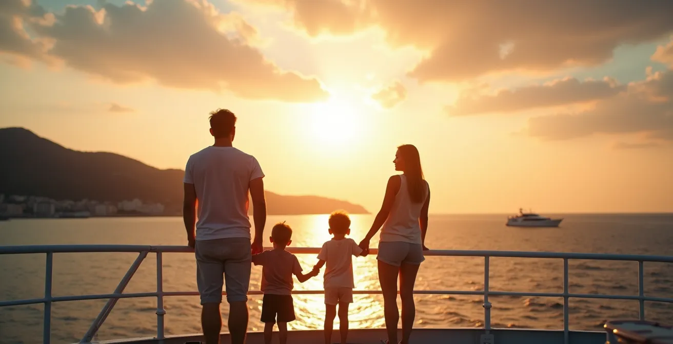 Famille profitant de la vue sur le pont d'un ferry en Méditerranée