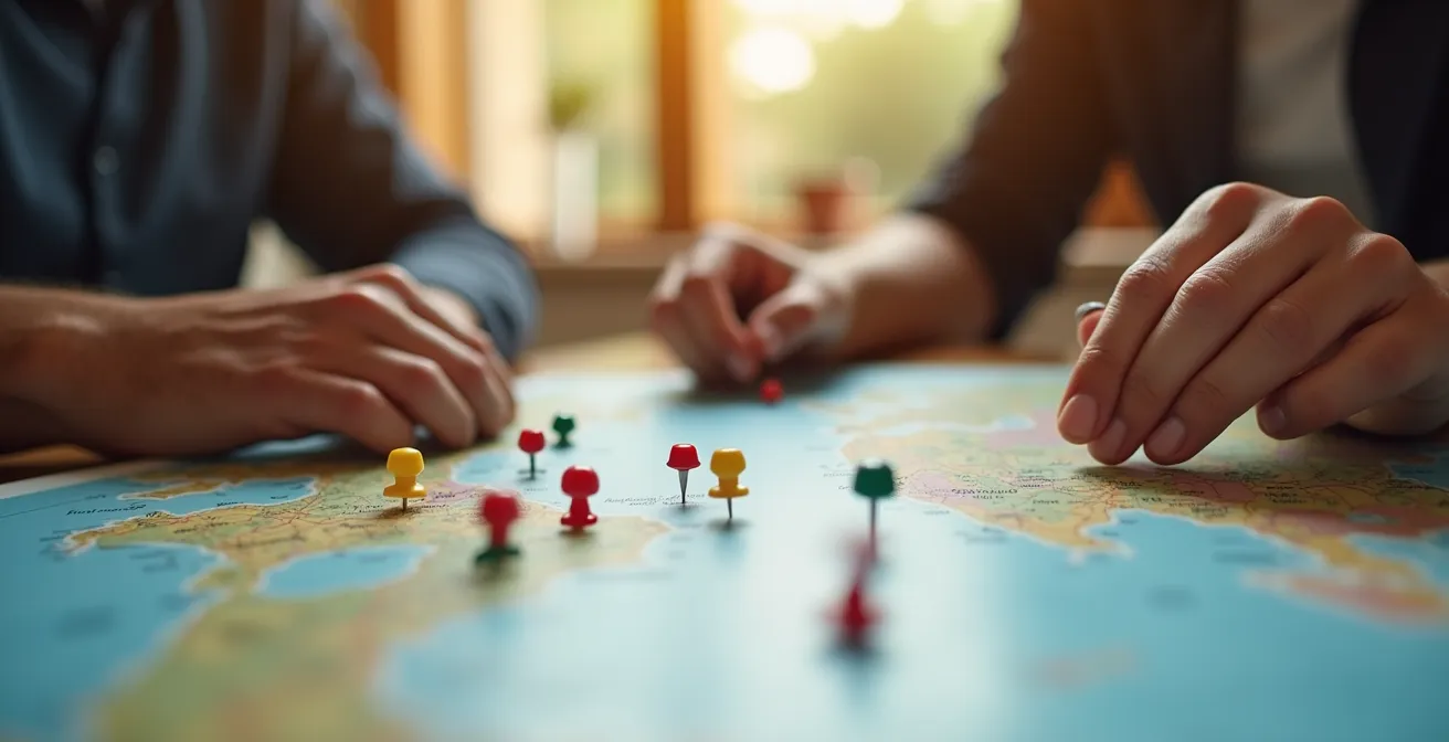 Personne planifiant son itinéraire sur une carte de la Corse avec des épingles marquant les ports