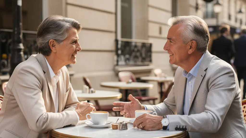 Couple à une terrasse de café parisien discutant de leur séjour