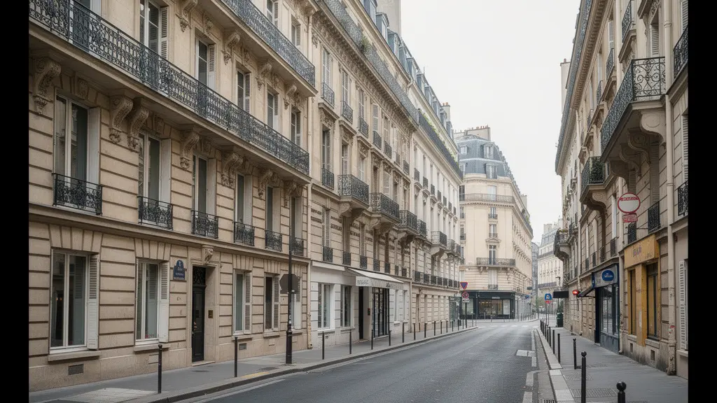 Façades haussmanniennes élégantes du 8ème arrondissement de Paris avec balcons en fer forgé