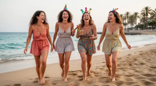 Groupe d'amies marchant sur la plage de Lloret de Mar pour un EVJF