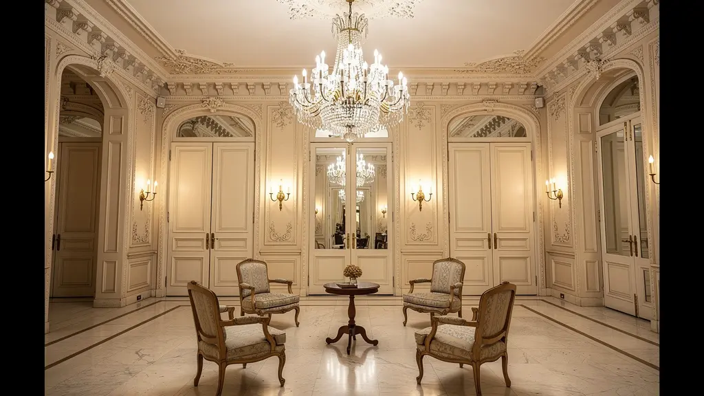 Hall d'entrée élégant d'un hôtel parisien classique avec moulures et lustre