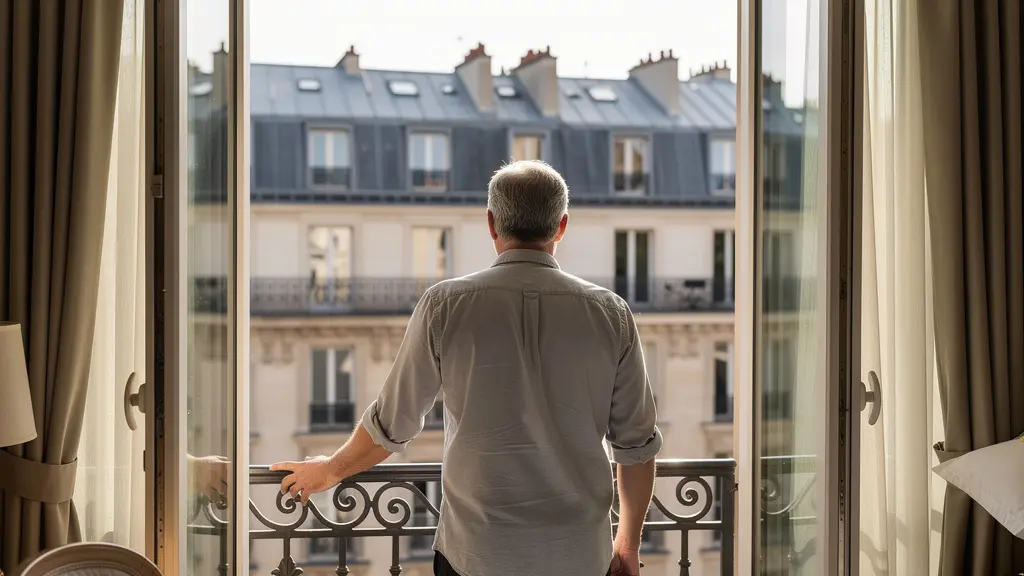 Voyageur contemplant les toits de Paris depuis un balcon d'hôtel du 8ème arrondissement
