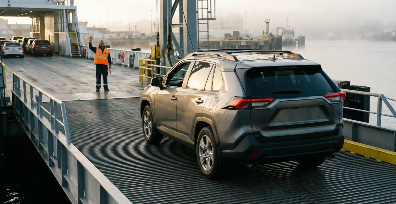 Véhicule embarquant sur ferry via rampe d'accès au port