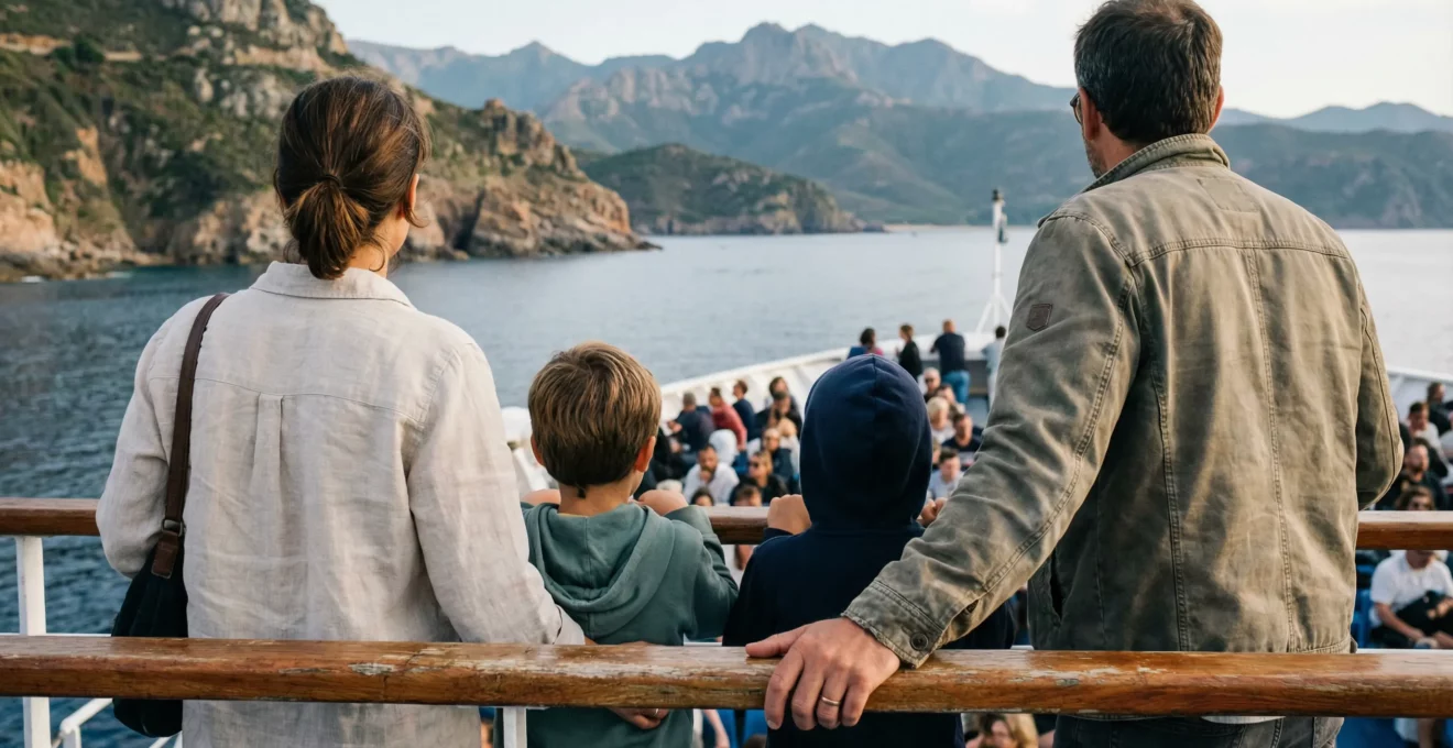 Famille observant l'arrivée du ferry vers la côte corse