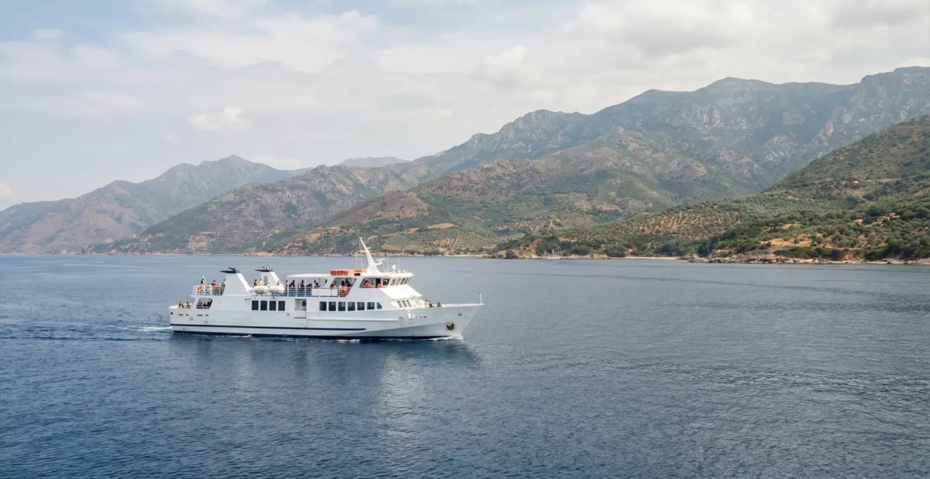 Ferry de jour naviguant vers la Corse avec montagnes en arrière-plan